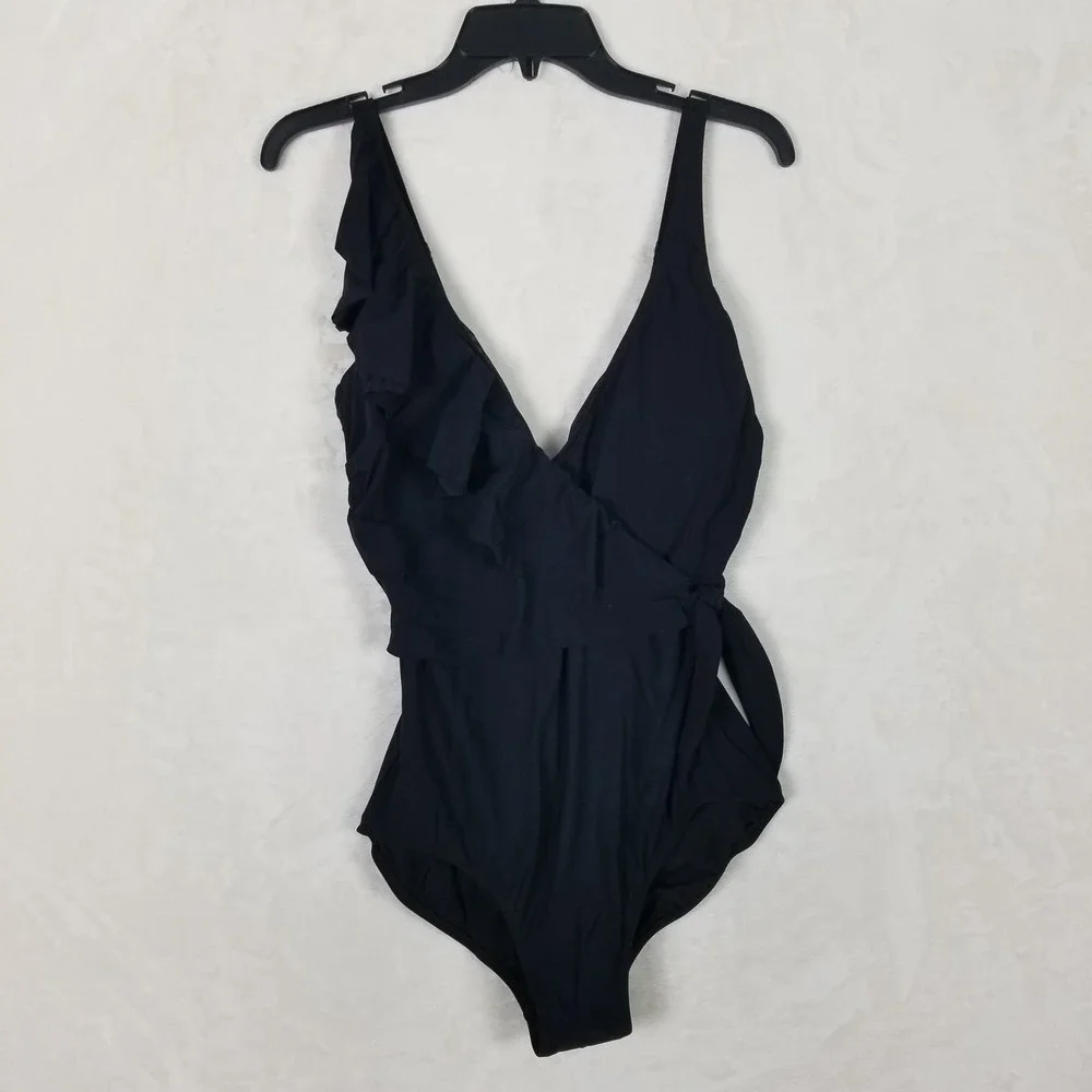 Gottex One Piece Swimsuit Womens 14 Black Ruffle Wrap Side Tie ETT2132 NWT